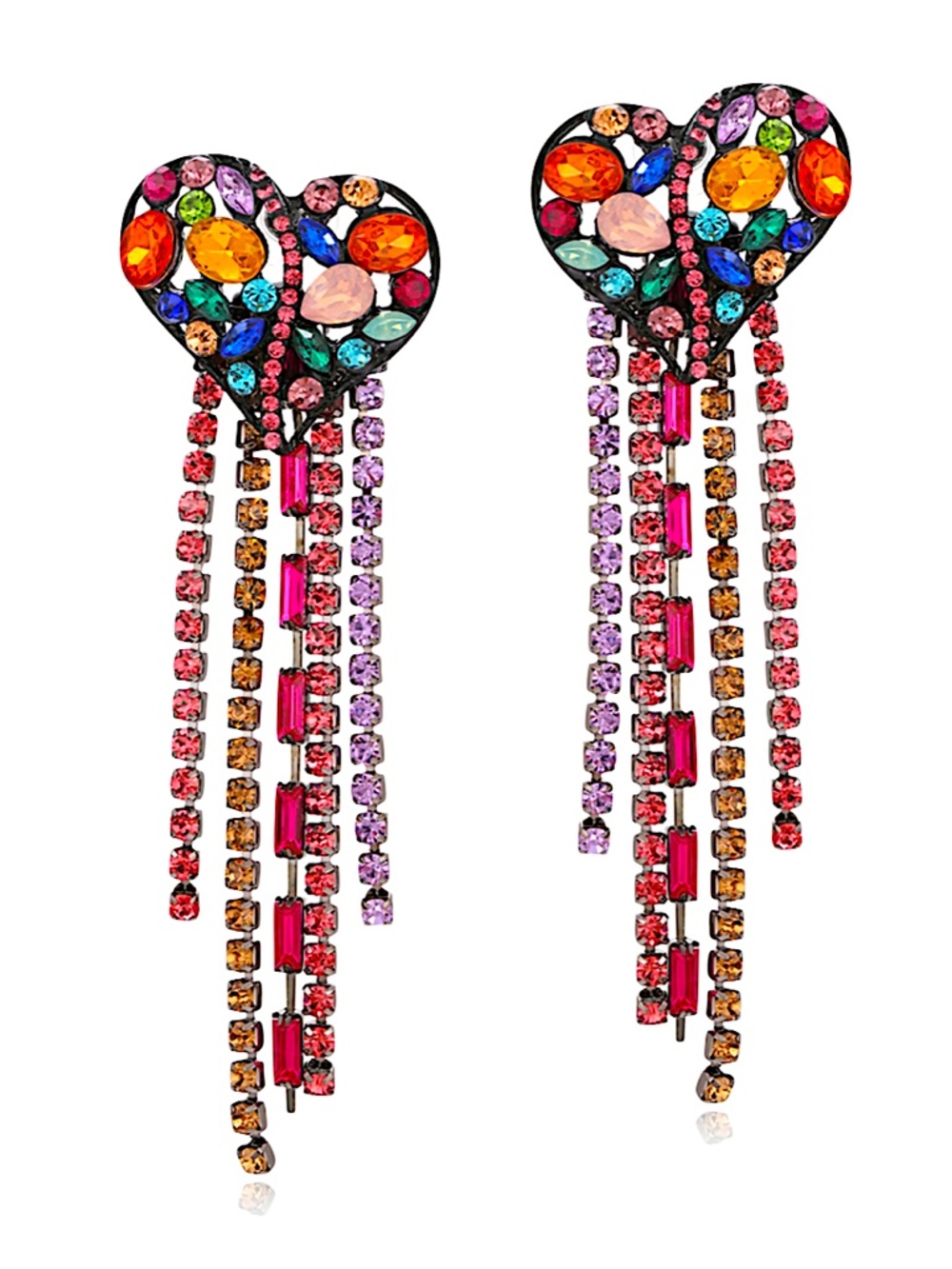 Multicolor Crystal Heart Tassel Drop Earrings